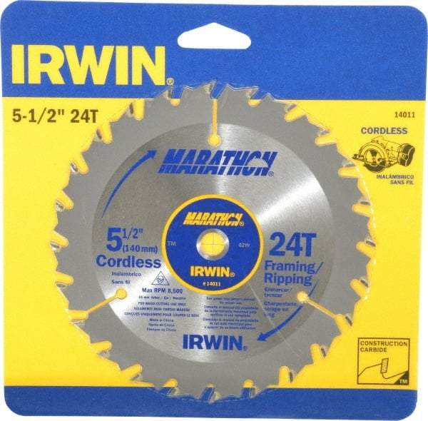 Irwin - 5-1/2" Diam, 10mm Arbor Hole Diam, 24 Tooth Wet & Dry Cut Saw Blade - Carbide-Tipped, Framing & Ripping Action, Standard Round Arbor - Benchmark Tooling