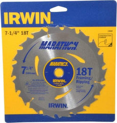 Irwin - 7-1/4" Diam, 5/8" Arbor Hole Diam, 18 Tooth Wet & Dry Cut Saw Blade - Carbide-Tipped, Framing & Ripping Action, Diamond Arbor - Benchmark Tooling