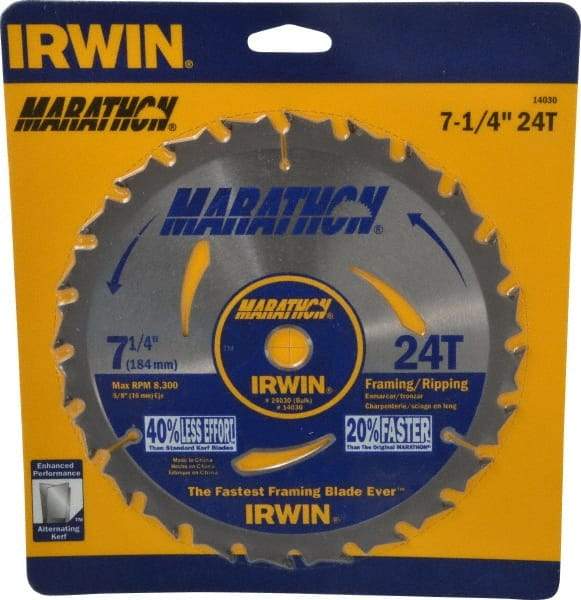 Irwin - 7-1/4" Diam, 5/8" Arbor Hole Diam, 24 Tooth Wet & Dry Cut Saw Blade - Carbide-Tipped, Framing & Ripping Action, Diamond Arbor - Benchmark Tooling