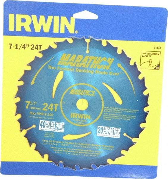 Irwin - 7-1/4" Diam, 5/8" Arbor Hole Diam, 24 Tooth Wet & Dry Cut Saw Blade - Carbide-Tipped, General Purpose Action, Diamond Arbor - Benchmark Tooling