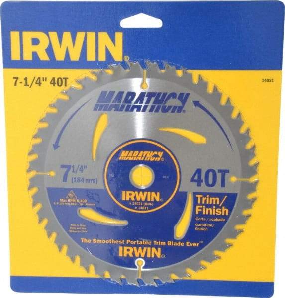 Irwin - 7-1/4" Diam, 5/8" Arbor Hole Diam, 40 Tooth Wet & Dry Cut Saw Blade - Carbide-Tipped, Finishing & Trimming Action, Diamond Arbor - Benchmark Tooling