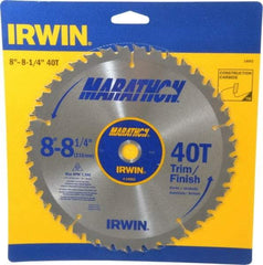 Irwin - 8-1/4" Diam, 5/8" Arbor Hole Diam, 40 Tooth Wet & Dry Cut Saw Blade - Carbide-Tipped, Finishing & Trimming Action, Diamond Arbor - Benchmark Tooling