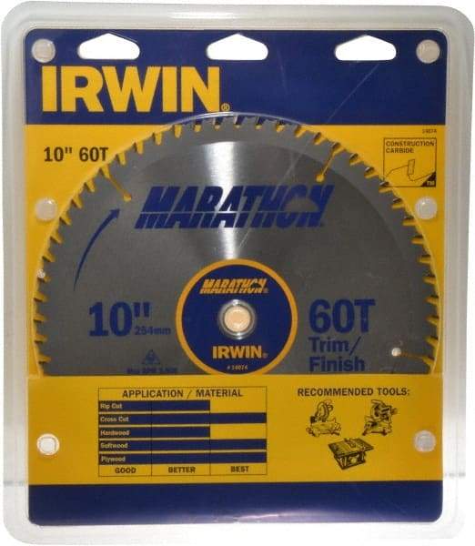 Irwin - 10" Diam, 5/8" Arbor Hole Diam, 60 Tooth Wet & Dry Cut Saw Blade - Carbide-Tipped, Finishing & Trimming Action, Standard Round Arbor - Benchmark Tooling