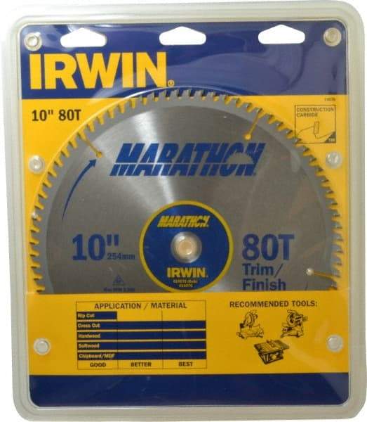 Irwin - 10" Diam, 5/8" Arbor Hole Diam, 80 Tooth Wet & Dry Cut Saw Blade - Carbide-Tipped, Finishing & Trimming Action, Standard Round Arbor - Benchmark Tooling