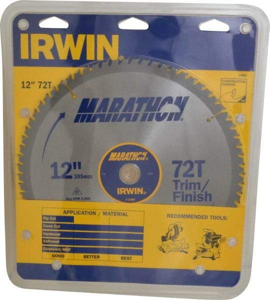 Irwin - 12" Diam, 1" Arbor Hole Diam, 72 Tooth Wet & Dry Cut Saw Blade - Carbide-Tipped, Finishing & Trimming Action, Standard Round Arbor - Benchmark Tooling