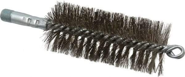 Schaefer Brush - 4-1/2" Brush Length, 2" Diam, Double Stem, Double Spiral Tube Brush - 7-1/4" Long, Stainless Steel, 1/4" NPSM Male Connection - Benchmark Tooling