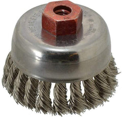 Anderson - 2-3/4" Diam, M10x1.50 Threaded Arbor, Stainless Steel Fill Cup Brush - 0.02 Wire Diam, 3/4" Trim Length, 14,000 Max RPM - Benchmark Tooling