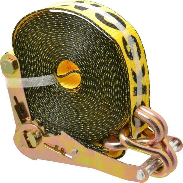 Erickson Manufacturing - 27' Long x 2" Wide, 10,000 Lb Basket Capacity, Polyester Web Sling - Yellow, with Ratchet Tie Down - Benchmark Tooling