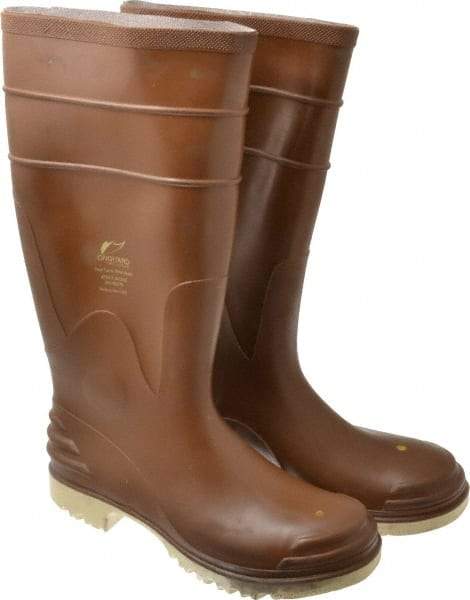 OnGuard - Size 8 Steel Knee Boot - Brown, PVC Upper, 16" High, Chemical Resistant, Non-Slip - Benchmark Tooling