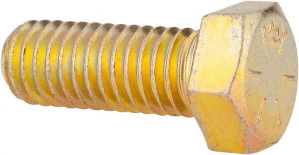 Made in USA - 3/8-16 UNC, 1" Length Under Head Hex Head Cap Screw - Fully Threaded, Grade 8 Alloy Steel, Zinc Yellow Dichromate Finish, 9/16" Hex - Benchmark Tooling