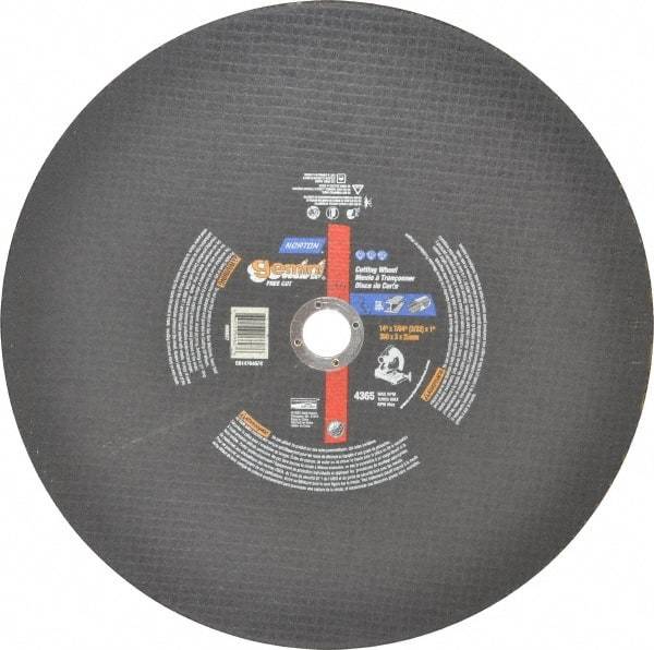 Norton - 14" Aluminum Oxide Cutoff Wheel - 3/32" Thick, 1" Arbor, 4,365 Max RPM, Use with Stationary Tools - Benchmark Tooling
