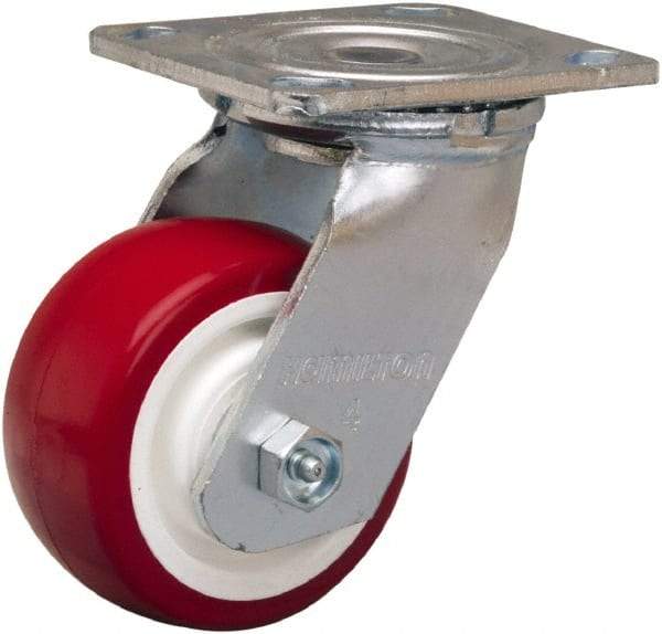 Hamilton - 4" Diam x 2" Wide x 5-5/8" OAH Top Plate Mount Swivel Caster - Polyurethane Mold on Polypropylene, 750 Lb Capacity, Straight Roller Bearing, 4 x 4-1/2" Plate - Benchmark Tooling