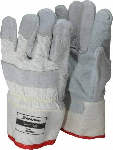 Honeywell - Size Universal (9), ANSI Cut Lvl 3, Abrasion Lvl 4, Leather Cut Resistant Gloves - Kevlar Lining, Safety Cuff, White/Gray, Paired - Benchmark Tooling