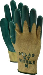 SHOWA - Size M (8), ANSI Cut Lvl 3, Nitrile Coated Kevlar Cut Resistant Gloves - Palm & Fingers Coated, Knit Wrist, Yellow/Green, Paired - Benchmark Tooling