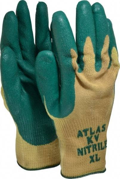 SHOWA - Size XL (10), ANSI Cut Lvl 3, Nitrile Coated Kevlar Cut Resistant Gloves - Palm & Fingers Coated, Knit Wrist, Yellow/Green, Paired - Benchmark Tooling