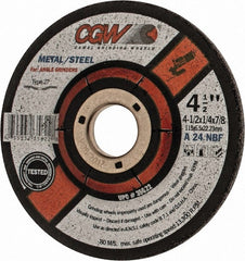 CGW Abrasives - 24 Grit, 4-1/2" Diam x 1/4" Thick x 7/8" Arbor, Type 27 Depressed Center Wheel - Benchmark Tooling