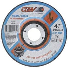 Camel Grinding Wheels - 24 Grit, 4-1/2" Wheel Diam, 1/8" Wheel Thickness, Type 27 Depressed Center Wheel - Aluminum Oxide, Resinoid Bond, Q Hardness, 13,300 Max RPM, Compatible with Angle Grinder - Benchmark Tooling