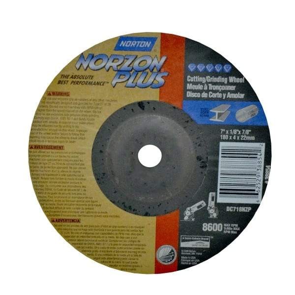Norton - 7" Wheel Diam, 1/8" Wheel Thickness, 7/8" Arbor Hole, Type 27 Depressed Center Wheel - Ceramic, 8,600 Max RPM, Compatible with Angle Grinder - Benchmark Tooling