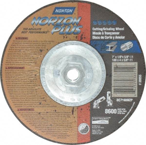 Norton - 7" Wheel Diam, 1/8" Wheel Thickness, Type 27 Depressed Center Wheel - Ceramic, 8,600 Max RPM, Compatible with Angle Grinder - Benchmark Tooling
