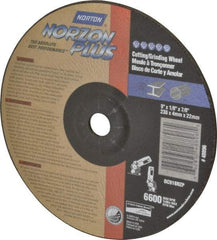 Norton - 9" Wheel Diam, 1/8" Wheel Thickness, 7/8" Arbor Hole, Type 27 Depressed Center Wheel - Ceramic, 6,600 Max RPM, Compatible with Angle Grinder - Benchmark Tooling