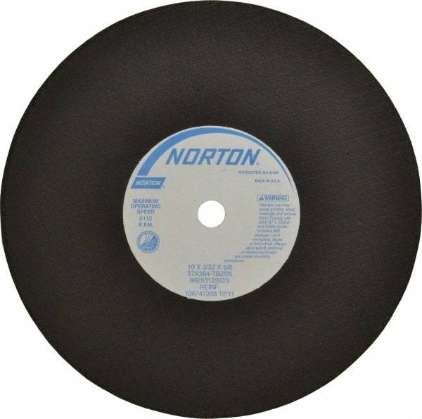 Norton - 10" 36 Grit Aluminum Oxide Cutoff Wheel - 3/32" Thick, 5/8" Arbor, 6,110 Max RPM, Use with Stationary Tools - Benchmark Tooling