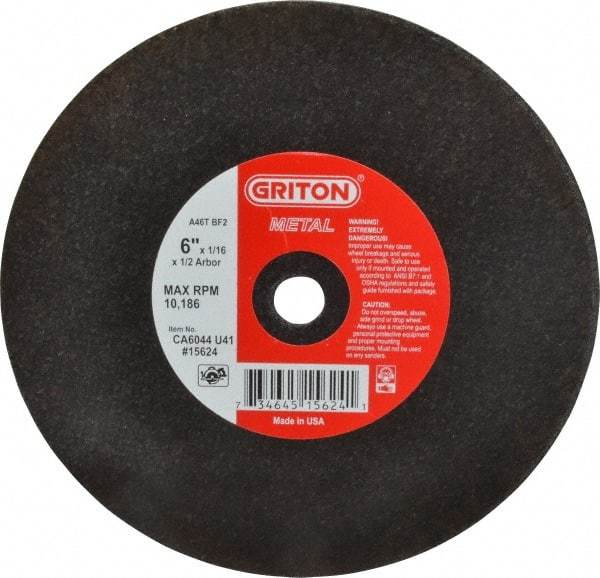 Made in USA - 6" 46 Grit Aluminum Oxide Cutoff Wheel - 1/16" Thick, 1/2" Arbor, 10,186 Max RPM, Use with Circular Saws - Benchmark Tooling