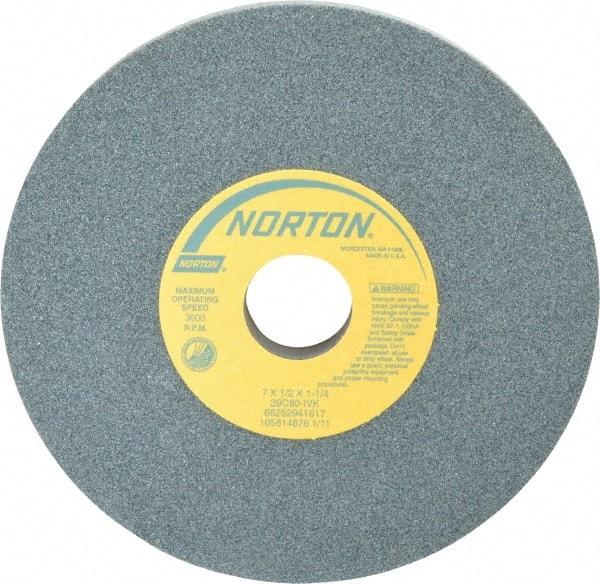 Norton - 7" Diam x 1-1/4" Hole x 1/2" Thick, I Hardness, 80 Grit Surface Grinding Wheel - Silicon Carbide, Type 1, Medium Grade, 3,600 Max RPM, Vitrified Bond, No Recess - Benchmark Tooling