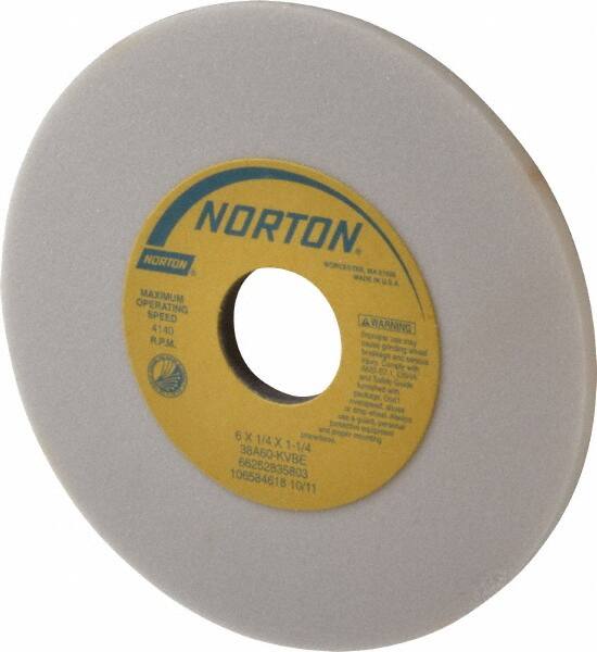 Norton - 6" Diam x 1-1/4" Hole x 1/4" Thick, K Hardness, 60 Grit Surface Grinding Wheel - Aluminum Oxide, Type 1, Medium Grade, 4,140 Max RPM, Vitrified Bond, No Recess - Benchmark Tooling