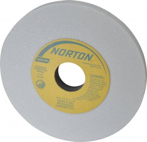Norton - 6" Diam x 1-1/4" Hole x 1/2" Thick, K Hardness, 60 Grit Surface Grinding Wheel - Aluminum Oxide, Type 1, Medium Grade, 4,140 Max RPM, Vitrified Bond, No Recess - Benchmark Tooling