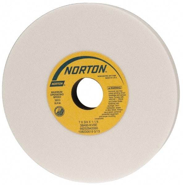Norton - 7" Diam x 1-1/4" Hole x 3/4" Thick, K Hardness, 60 Grit Surface Grinding Wheel - Aluminum Oxide, Type 1, Medium Grade, 3,600 Max RPM, Vitrified Bond, No Recess - Benchmark Tooling