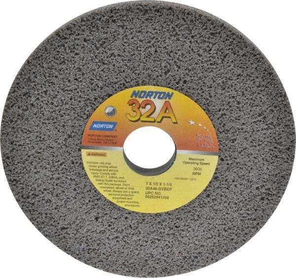 Norton - 7" Diam x 1-1/4" Hole x 1/2" Thick, G Hardness, 46 Grit Surface Grinding Wheel - Aluminum Oxide, Type 1, Coarse Grade, 3,600 Max RPM, Vitrified Bond, No Recess - Benchmark Tooling