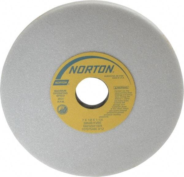 Norton - 7" Diam x 1-1/4" Hole x 1/2" Thick, K Hardness, 46 Grit Surface Grinding Wheel - Aluminum Oxide, Type 1, Coarse Grade, 3,600 Max RPM, Vitrified Bond, No Recess - Benchmark Tooling