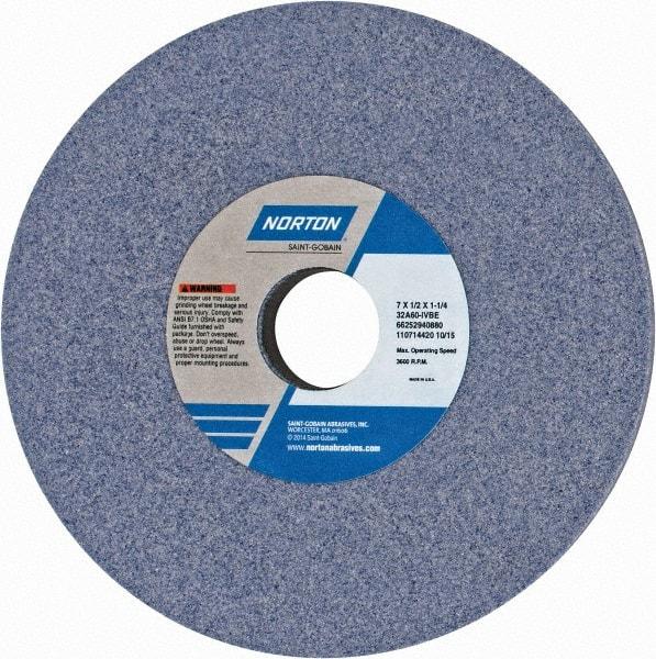 Norton - 7" Diam x 1-1/4" Hole x 1/2" Thick, I Hardness, 60 Grit Surface Grinding Wheel - Aluminum Oxide, Type 1, Medium Grade, 3,600 Max RPM, Vitrified Bond, No Recess - Benchmark Tooling