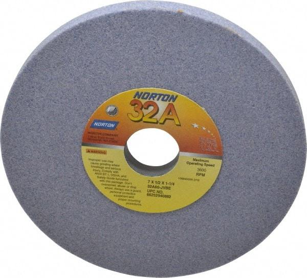 Norton - 7" Diam x 1-1/4" Hole x 1/2" Thick, J Hardness, 60 Grit Surface Grinding Wheel - Aluminum Oxide, Type 1, Medium Grade, 3,600 Max RPM, Vitrified Bond, No Recess - Benchmark Tooling