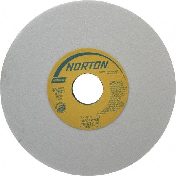 Norton - 7" Diam x 1-1/4" Hole x 1/2" Thick, H Hardness, 60 Grit Surface Grinding Wheel - Aluminum Oxide, Type 1, Medium Grade, 3,600 Max RPM, Vitrified Bond, No Recess - Benchmark Tooling