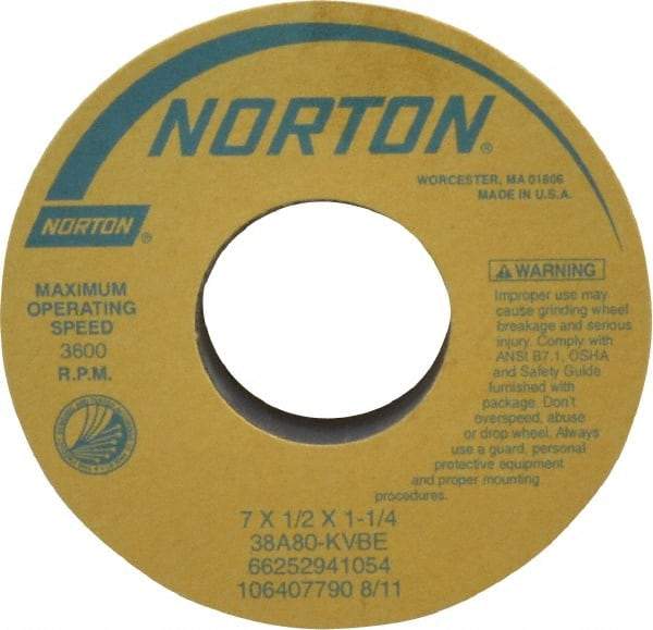 Norton - 7" Diam x 1-1/4" Hole x 1/2" Thick, K Hardness, 80 Grit Surface Grinding Wheel - Aluminum Oxide, Type 1, Medium Grade, 3,600 Max RPM, Vitrified Bond, No Recess - Benchmark Tooling