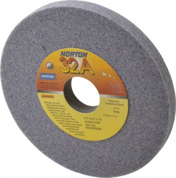 Norton - 6" Diam x 1-1/4" Hole x 1/2" Thick, K Hardness, 46 Grit Surface Grinding Wheel - Aluminum Oxide, Type 1, Coarse Grade, 4,140 Max RPM, Vitrified Bond, No Recess - Benchmark Tooling