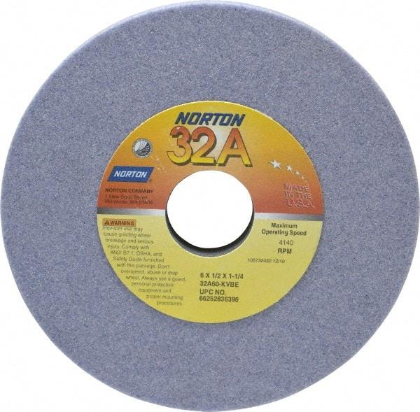 Norton - 6" Diam x 1-1/4" Hole x 1/2" Thick, K Hardness, 60 Grit Surface Grinding Wheel - Aluminum Oxide, Type 1, Medium Grade, 4,140 Max RPM, Vitrified Bond, No Recess - Benchmark Tooling