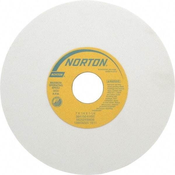 Norton - 7" Diam x 1-1/4" Hole x 1/4" Thick, K Hardness, 150 Grit Surface Grinding Wheel - Aluminum Oxide, Type 1, Very Fine Grade, 3,600 Max RPM, Vitrified Bond, No Recess - Benchmark Tooling