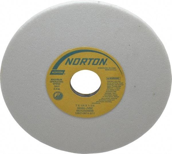 Norton - 7" Diam x 1-1/4" Hole x 1/4" Thick, J Hardness, 60 Grit Surface Grinding Wheel - Aluminum Oxide, Type 1, Medium Grade, 3,600 Max RPM, Vitrified Bond, No Recess - Benchmark Tooling
