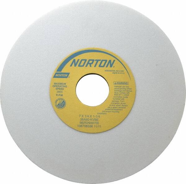 Norton - 7" Diam x 1-1/4" Hole x 1/4" Thick, K Hardness, 60 Grit Surface Grinding Wheel - Aluminum Oxide, Type 1, Medium Grade, 3,600 Max RPM, Vitrified Bond, No Recess - Benchmark Tooling