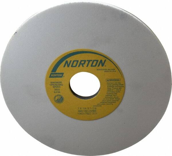 Norton - 7" Diam x 1-1/4" Hole x 1/4" Thick, H Hardness, 100 Grit Surface Grinding Wheel - Aluminum Oxide, Type 1, Fine Grade, 3,600 Max RPM, Vitrified Bond, No Recess - Benchmark Tooling