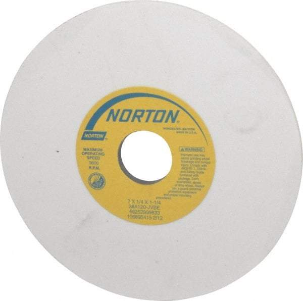 Norton - 7" Diam x 1-1/4" Hole x 1/4" Thick, J Hardness, 120 Grit Surface Grinding Wheel - Aluminum Oxide, Type 1, Fine Grade, 3,600 Max RPM, Vitrified Bond, No Recess - Benchmark Tooling