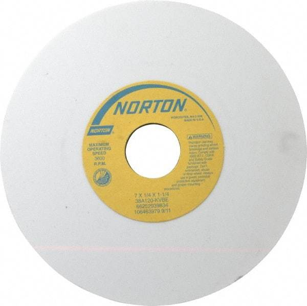 Norton - 7" Diam x 1-1/4" Hole x 1/4" Thick, K Hardness, 120 Grit Surface Grinding Wheel - Aluminum Oxide, Type 1, Fine Grade, 3,600 Max RPM, Vitrified Bond, No Recess - Benchmark Tooling