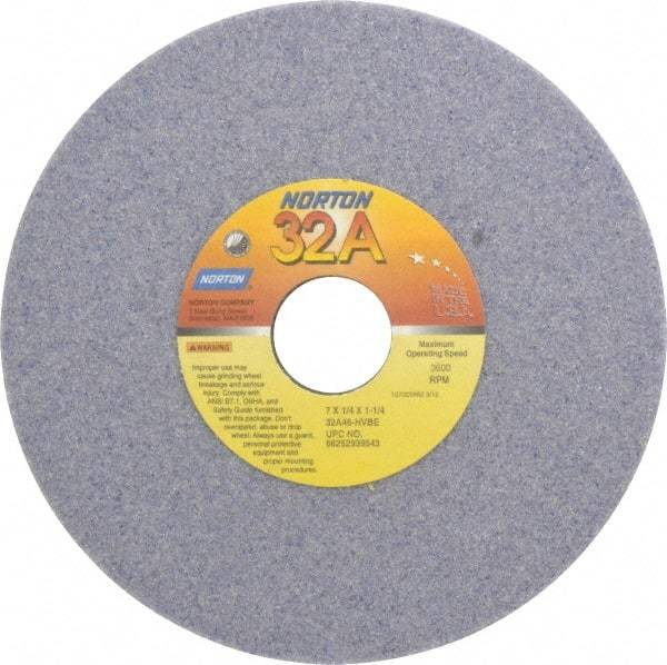 Norton - 7" Diam x 1-1/4" Hole x 1/4" Thick, H Hardness, 46 Grit Surface Grinding Wheel - Aluminum Oxide, Type 1, Coarse Grade, 3,600 Max RPM, Vitrified Bond, No Recess - Benchmark Tooling