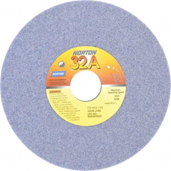 Norton - 7" Diam x 1-1/4" Hole x 1/4" Thick, J Hardness, 46 Grit Surface Grinding Wheel - Aluminum Oxide, Type 1, Coarse Grade, 3,600 Max RPM, Vitrified Bond, No Recess - Benchmark Tooling