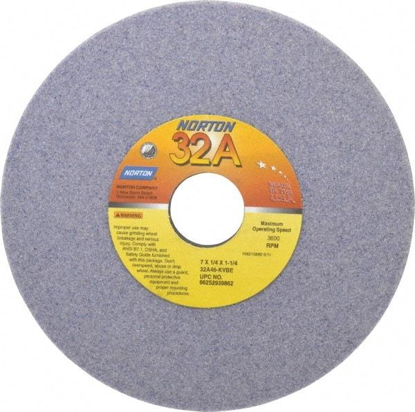 Norton - 7" Diam x 1-1/4" Hole x 1/4" Thick, K Hardness, 46 Grit Surface Grinding Wheel - Aluminum Oxide, Type 1, Coarse Grade, 3,600 Max RPM, Vitrified Bond, No Recess - Benchmark Tooling