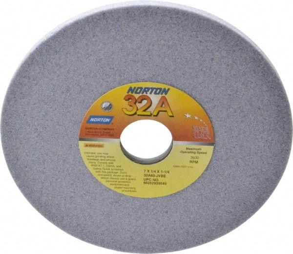 Norton - 7" Diam x 1-1/4" Hole x 1/4" Thick, J Hardness, 60 Grit Surface Grinding Wheel - Aluminum Oxide, Type 1, Medium Grade, 3,600 Max RPM, Vitrified Bond, No Recess - Benchmark Tooling
