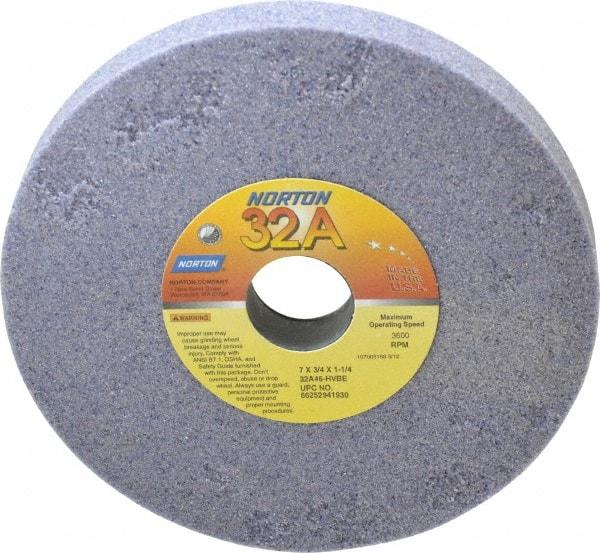 Norton - 7" Diam x 1-1/4" Hole x 3/4" Thick, H Hardness, 46 Grit Surface Grinding Wheel - Aluminum Oxide, Type 1, Coarse Grade, 3,600 Max RPM, Vitrified Bond, No Recess - Benchmark Tooling