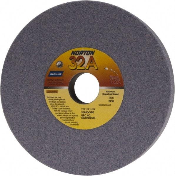 Norton - 7" Diam x 1-1/4" Hole x 1" Thick, I Hardness, 60 Grit Surface Grinding Wheel - Aluminum Oxide, Type 1, Medium Grade, 3,600 Max RPM, Vitrified Bond, No Recess - Benchmark Tooling